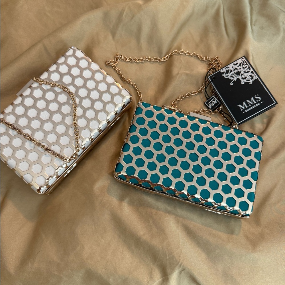 Gold/white and gold/turquoise clutches